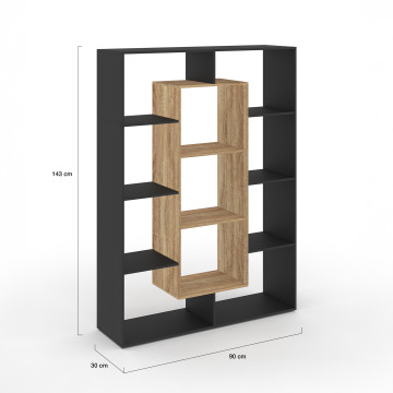 Etagère bibliothèque Paulette 11 compartiments bois et noire 143cm