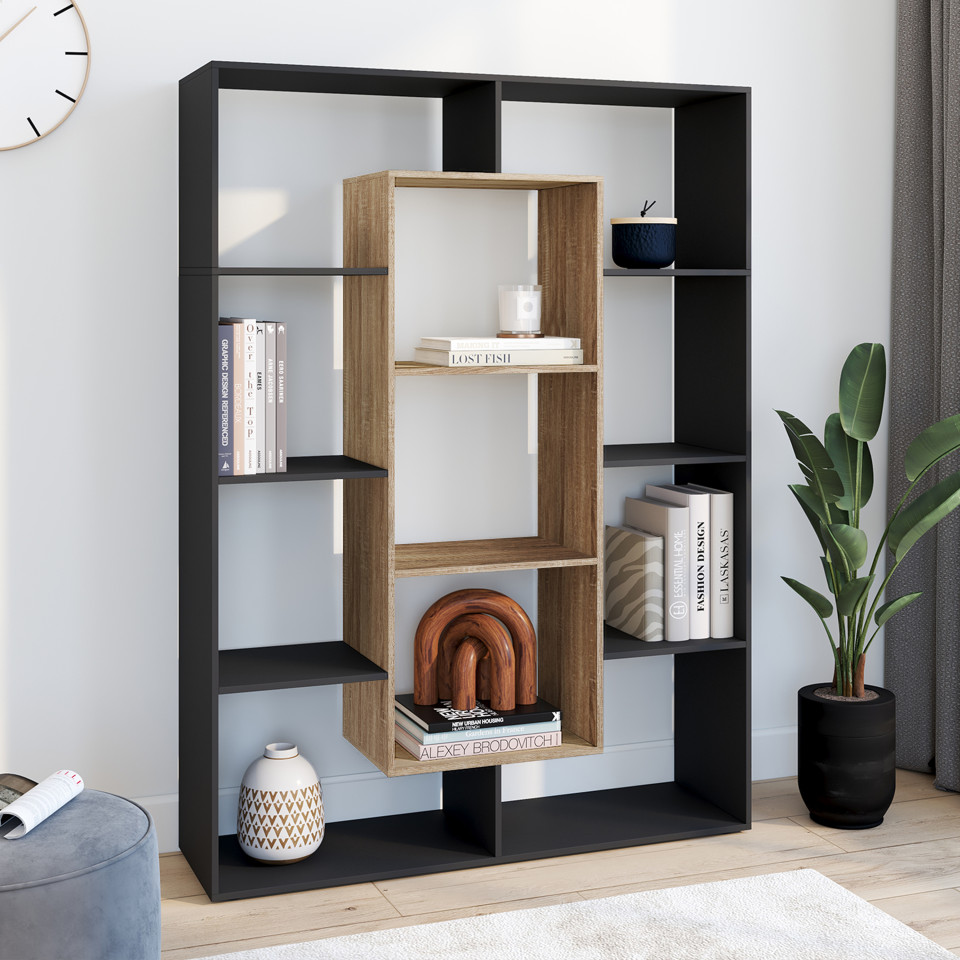 Etagère bibliothèque Paulette 11 compartiments bois et noire 143cm