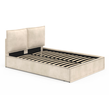Lit coffre Lilou en velours beige avec sommier et tête de lit effet oreiller 140x190cm
