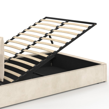 Lit coffre Lilou en velours beige avec sommier et tête de lit effet oreiller 140x190cm