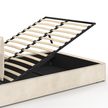 Lit coffre Lilou en velours beige avec sommier et tête de lit effet oreiller 140x190cm
