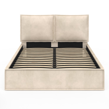 Lit coffre Lilou en velours beige avec sommier et tête de lit effet oreiller 140x190cm
