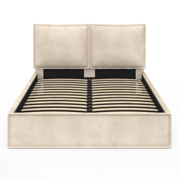 Lit coffre Lilou en velours beige avec sommier et tête de lit effet oreiller 140x190cm