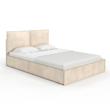 Lit coffre Lilou en velours beige avec sommier et tête de lit effet oreiller 140x190cm