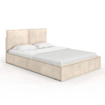 Lit coffre Lilou en velours beige avec sommier et tête de lit effet oreiller 140x190cm