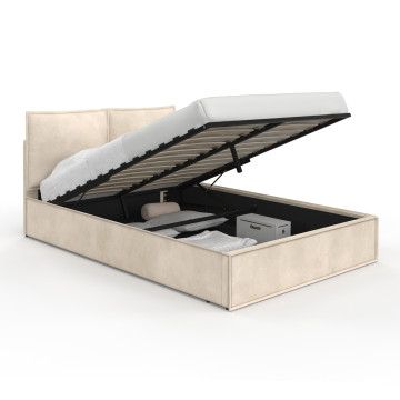 Lit coffre Lilou en velours beige avec sommier et tête de lit effet oreiller 140x190cm