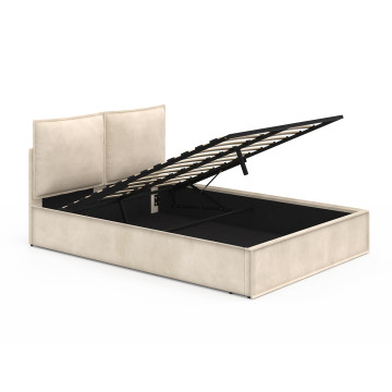 Lit coffre Lilou en velours beige avec sommier et tête de lit effet oreiller 140x190cm