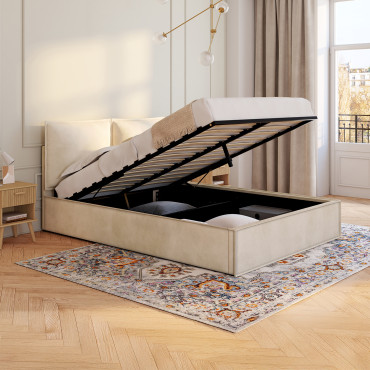 Lit coffre Lilou en velours beige avec sommier et tête de lit effet oreiller 140x190cm