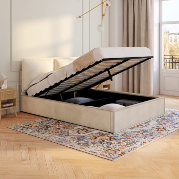 Lit coffre Lilou en velours beige avec sommier et tête de lit effet oreiller 140x190cm
