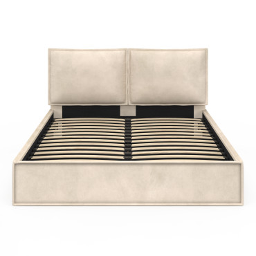 Lit coffre Lilou en velours beige avec sommier et tête de lit effet oreiller 160x200cm