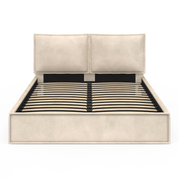 Lit coffre Lilou en velours beige avec sommier et tête de lit effet oreiller 160x200cm