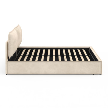 Lit coffre Lilou en velours beige avec sommier et tête de lit effet oreiller 160x200cm