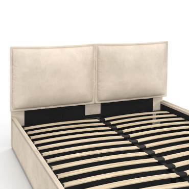 Lit coffre Lilou en velours beige avec sommier et tête de lit effet oreiller 160x200cm