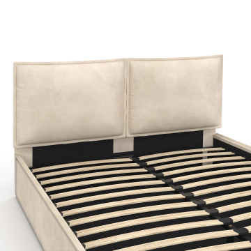 Lit coffre Lilou en velours beige avec sommier et tête de lit effet oreiller 160x200cm
