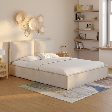 Lit coffre Lilou en velours beige avec sommier et tête de lit effet oreiller 160x200cm
