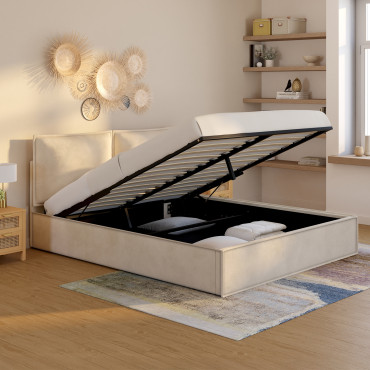 Lit coffre Lilou en velours beige avec sommier et tête de lit effet oreiller 160x200cm