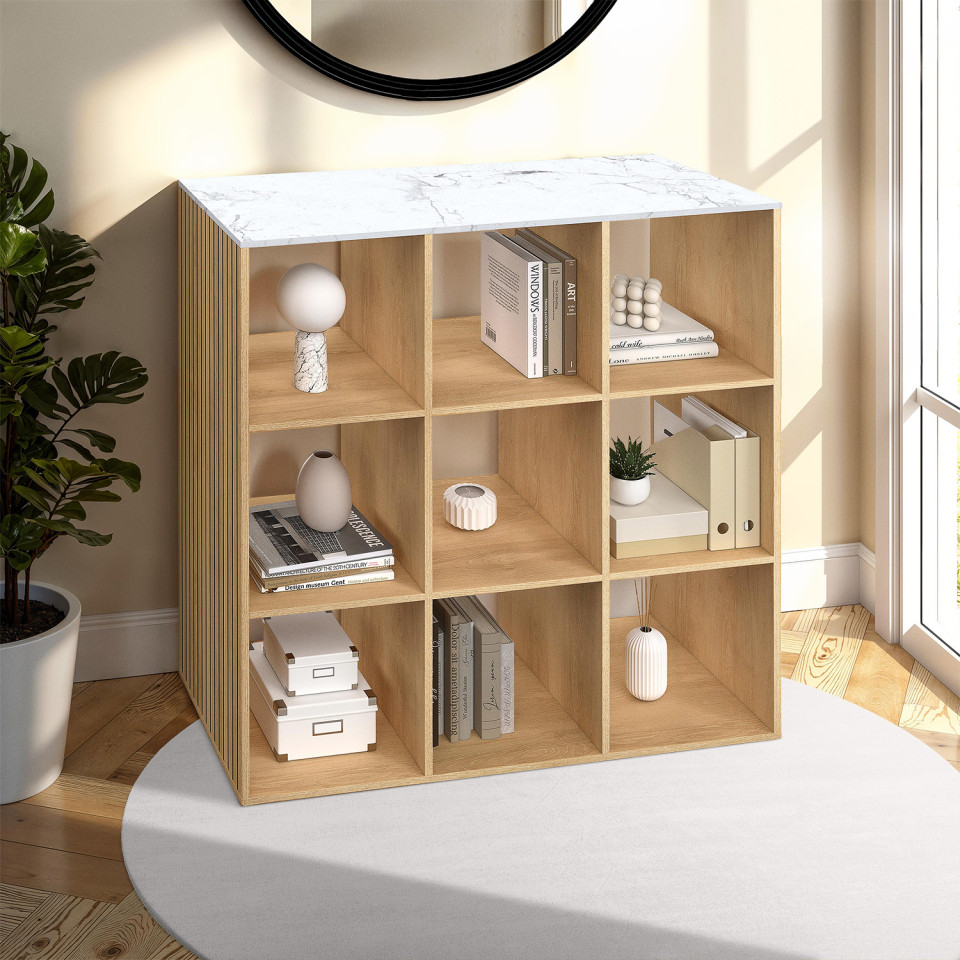 Meuble de rangement cube Marceau 9 case effet lattes et marbre Meuble de rangement cube Marceau 9 case effet lattes et marbre
