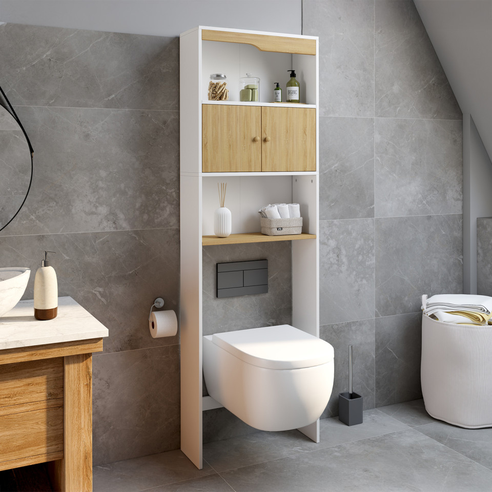 Meuble spécial dessus de WC avec placard bois et blanc Meuble spécial dessus de WC avec placard bois et blanc
