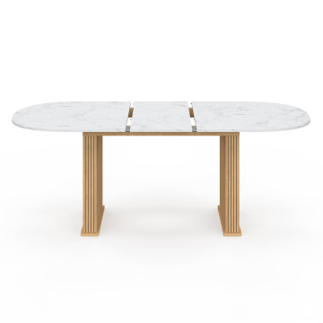 Table repas Marceau plateau extensible 160-200cm arrondi effet marbre et pieds lattes