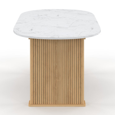 Table repas Marceau plateau extensible 160-200cm arrondi effet marbre et pieds lattes