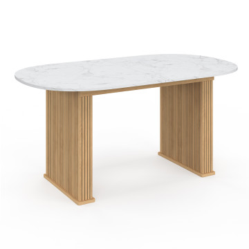 Table repas Marceau plateau extensible 160-200cm arrondi effet marbre et pieds lattes