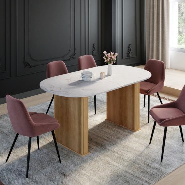 Table repas Marceau plateau extensible 160-200cm arrondi effet marbre et pieds lattes