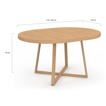 Table repas Sana plateau extensible 110-150 rond et pieds bois
