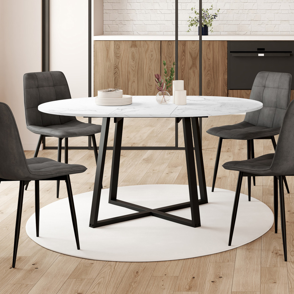Table repas Sana plateau extensible 110-150cm rond effet marbre et pieds noirs Table repas Sana plateau extensible 110-150cm rond effet marbre et pieds noirs