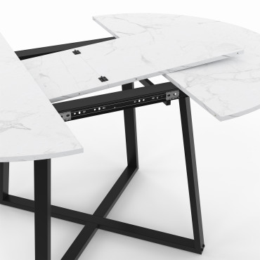 Table repas Sana plateau extensible 110-150cm rond effet marbre et pieds noirs