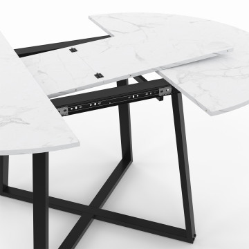Table repas Sana plateau extensible 110-150cm rond effet marbre et pieds noirs