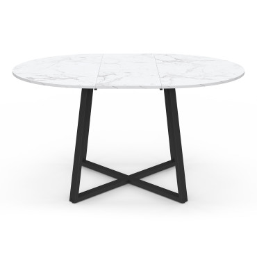 Table repas Sana plateau extensible 110-150cm rond effet marbre et pieds noirs