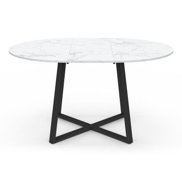 Table repas Sana plateau extensible 110-150cm rond effet marbre et pieds noirs