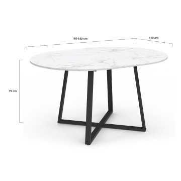 Table repas Sana plateau extensible 110-150cm rond effet marbre et pieds noirs