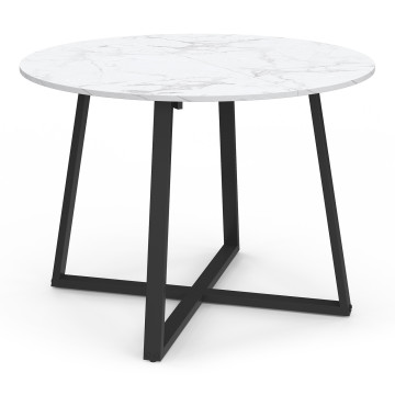 Table repas Sana plateau extensible 110-150cm rond effet marbre et pieds noirs