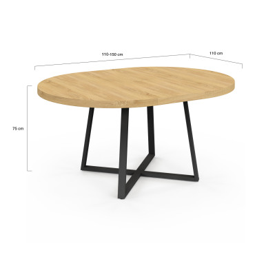 Table repas Sana plateau extensible 110-150 rond et pieds métal