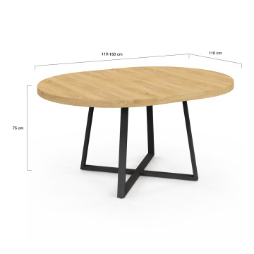 Table repas Sana plateau extensible 110-150 rond et pieds métal