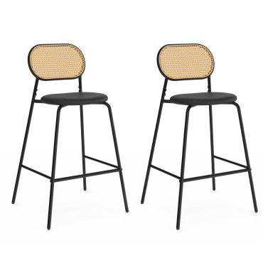 Tabouret Clarisse dossier cannage et assise noire - lot de 2