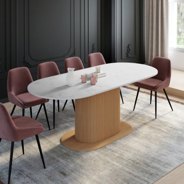 Table repas Maria plateau extensible 160-200cm effet marbre blanc et pieds arrondis effet lattes