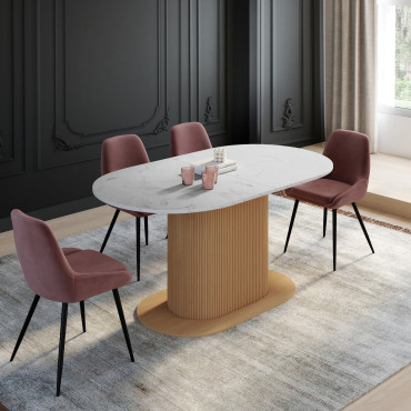 Table repas Maria plateau extensible 160-200cm effet marbre blanc et pieds arrondis effet lattes