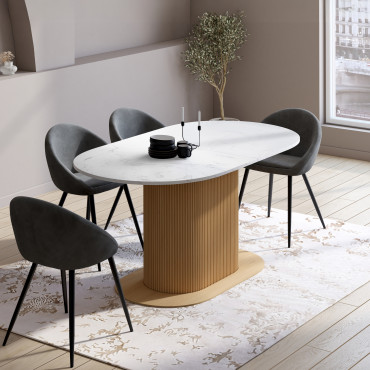 Table repas Maria plateau extensible 160-200cm effet marbre blanc et pieds arrondis effet lattes