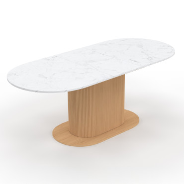 Table repas Maria plateau extensible 160-200cm effet marbre blanc et pieds arrondis effet lattes