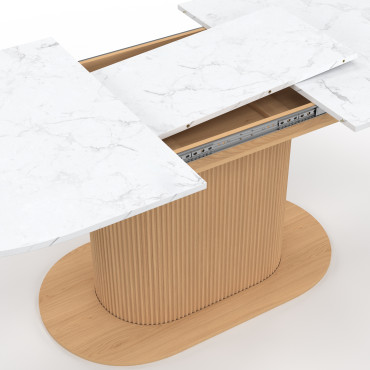 Table repas Maria plateau extensible 160-200cm effet marbre blanc et pieds arrondis effet lattes