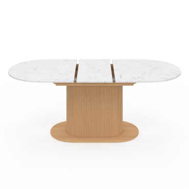 Table repas Maria plateau extensible 160-200cm effet marbre blanc et pieds arrondis effet lattes