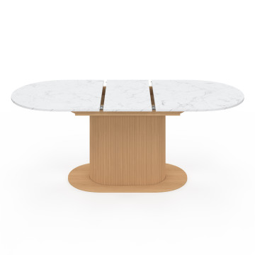 Table repas Maria plateau extensible 160-200cm effet marbre blanc et pieds arrondis effet lattes