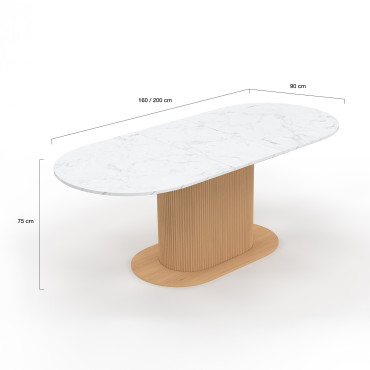 Table repas Maria plateau extensible 160-200cm effet marbre blanc et pieds arrondis effet lattes