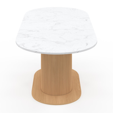 Table repas Maria plateau extensible 160-200cm effet marbre blanc et pieds arrondis effet lattes