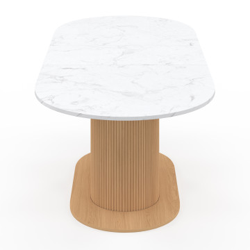 Table repas Maria plateau extensible 160-200cm effet marbre blanc et pieds arrondis effet lattes