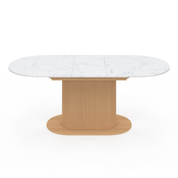 Table repas Maria plateau extensible 160-200cm effet marbre blanc et pieds arrondis effet lattes