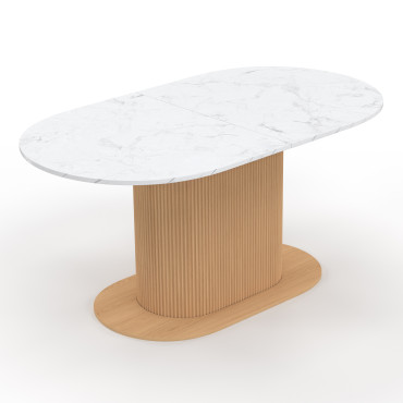 Table repas Maria plateau extensible 160-200cm effet marbre blanc et pieds arrondis effet lattes