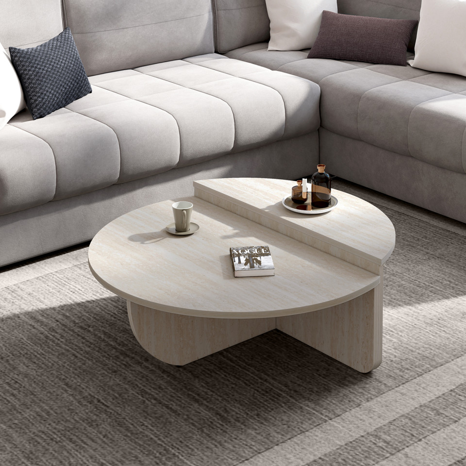 Tables basses rondes asymétriques effet travertin Tables basses rondes asymétriques effet travertin